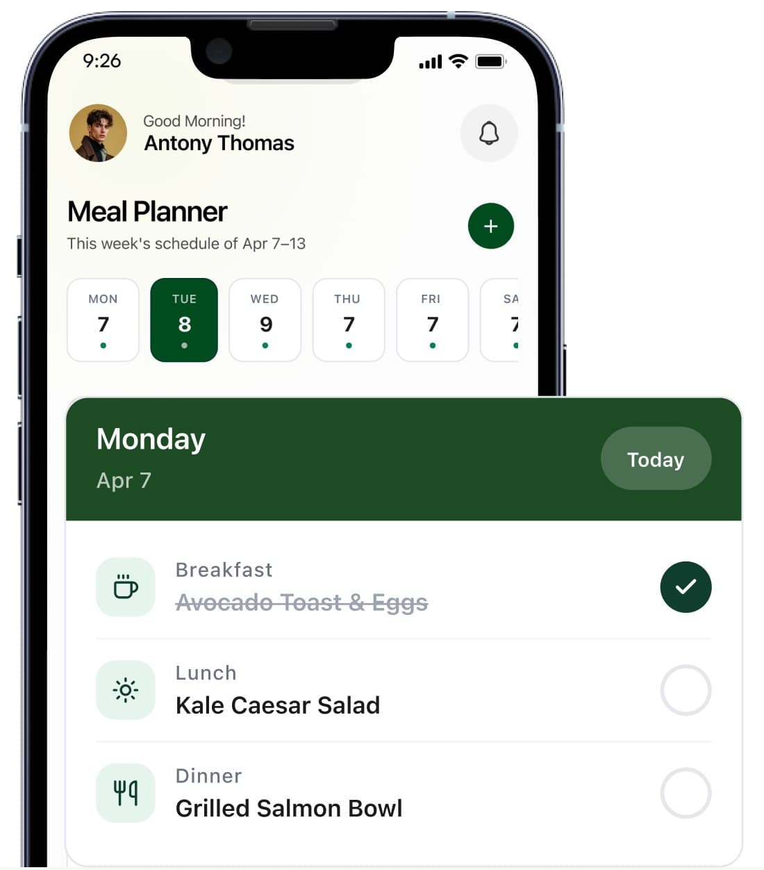 Verdantt meal planner screen with breakfast, lunch and dinner for Monday