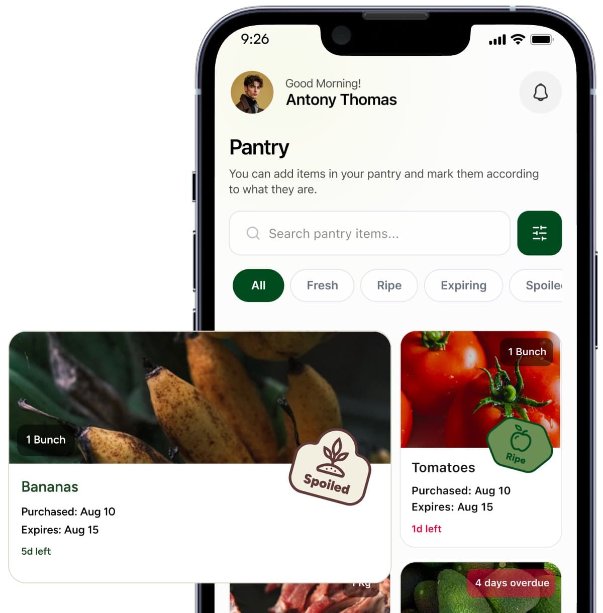 Verdantt pantry screen listing bananas and tomatoes with freshness tags